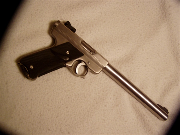 AMT Lightning pistol wearing an 8.5 inch HEAVY barrel . Made by AMT in California in the 1980s $ 699.00 HAVE TAPERED BAREL  $ 675.00